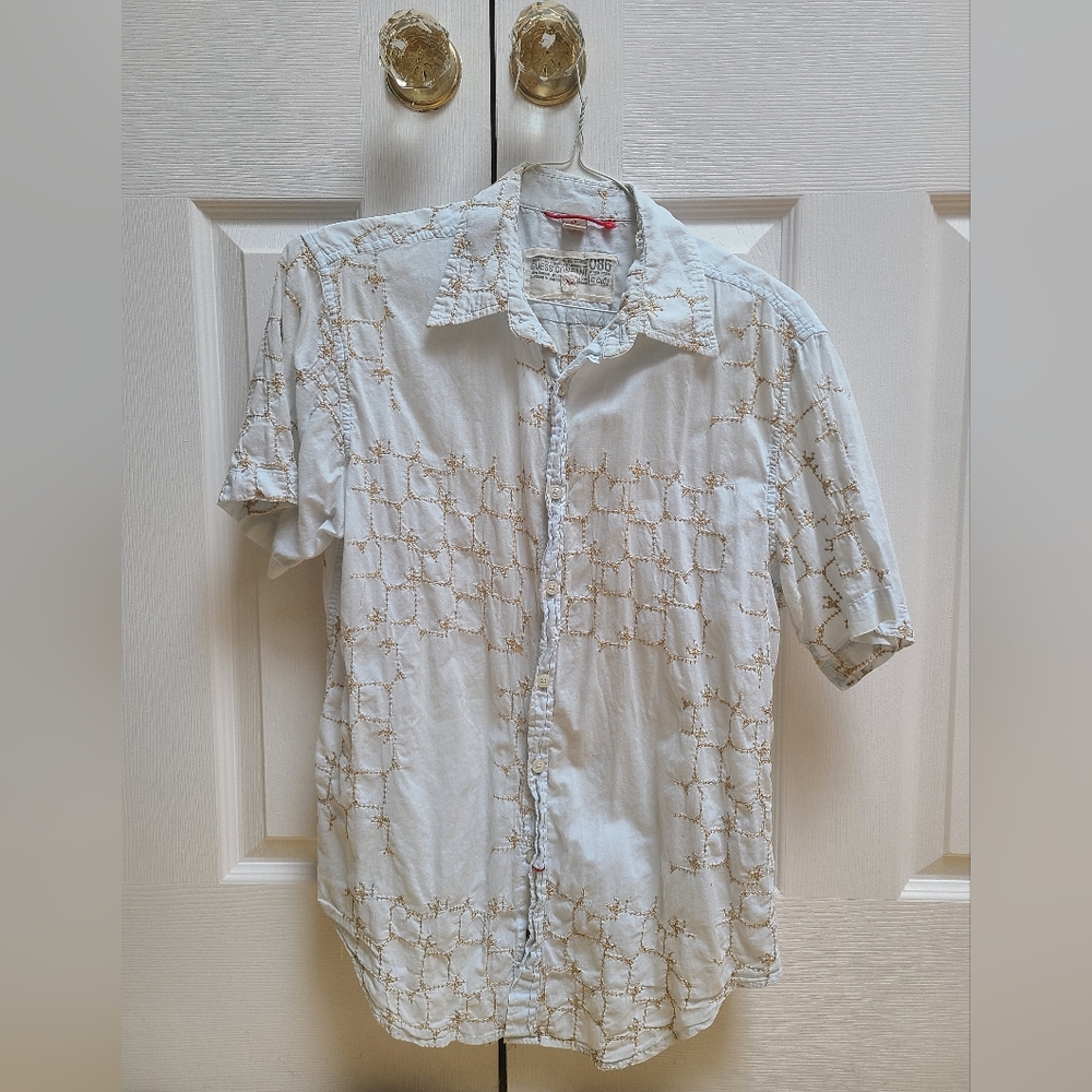 White and Gold Patterned Button-Up Shirt